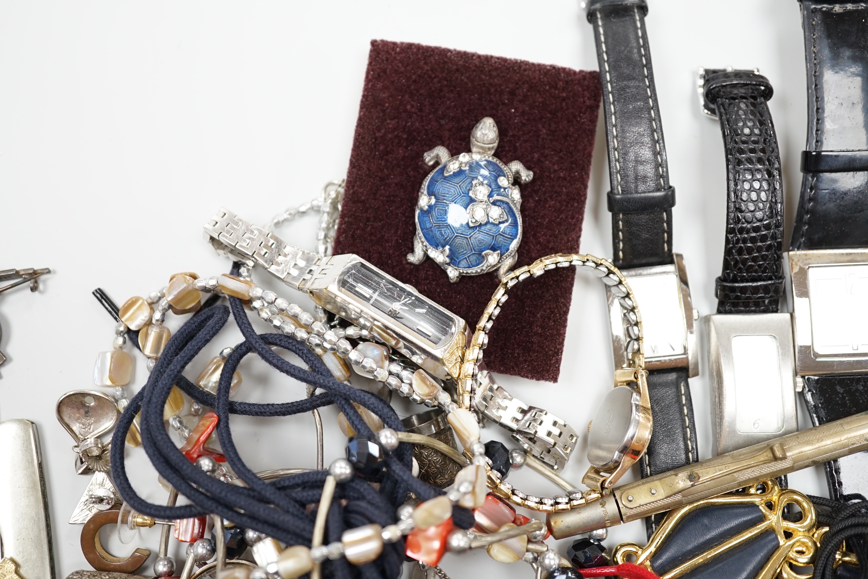 Two 9ct thin bands, a Swedish white metal Elona bangle and a quantity of assorted watches and costume jewellery.